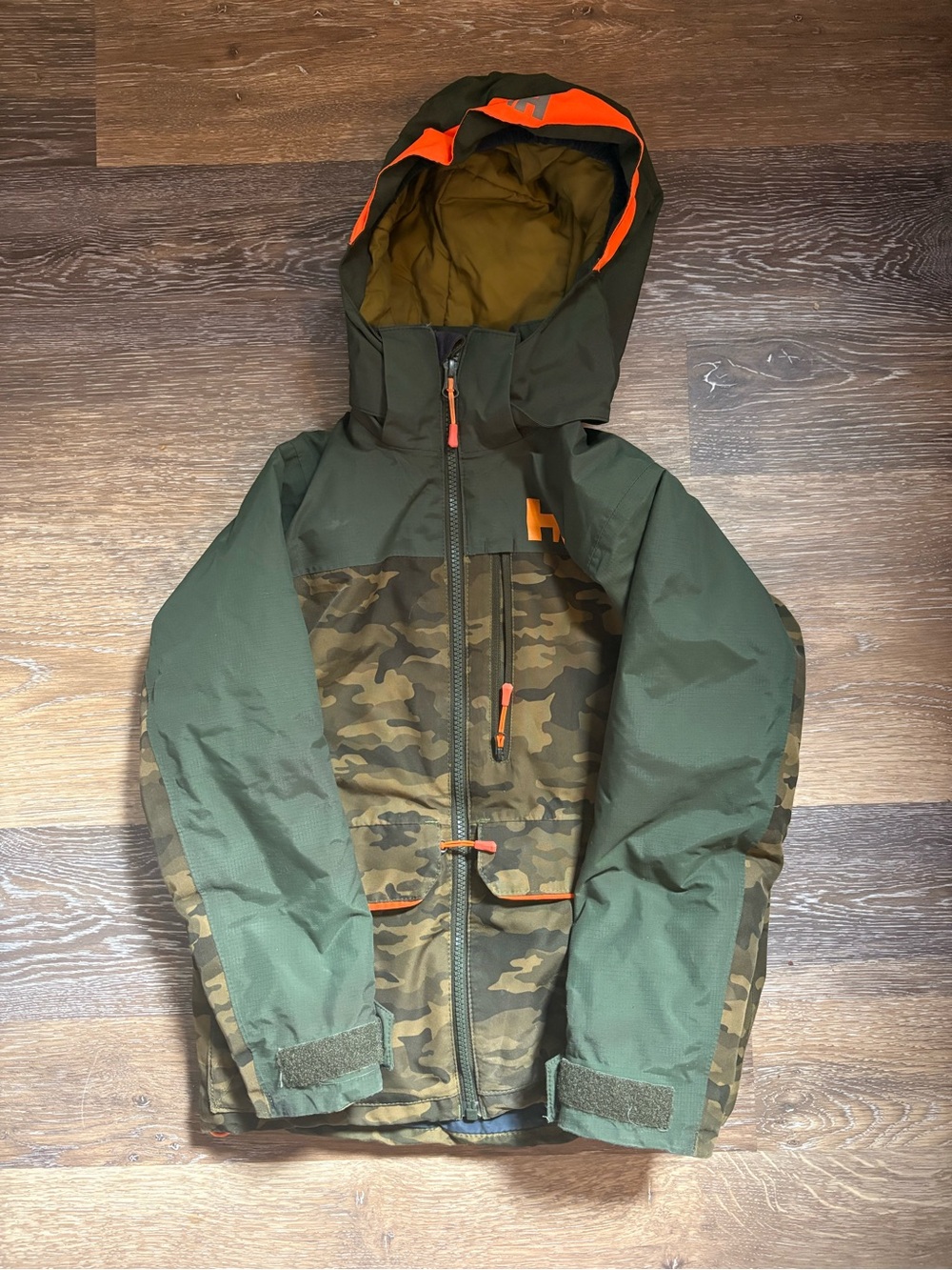 Helly Hansen Olive Green Jacket with Bright Orange Straps and Helly Hansen bibs